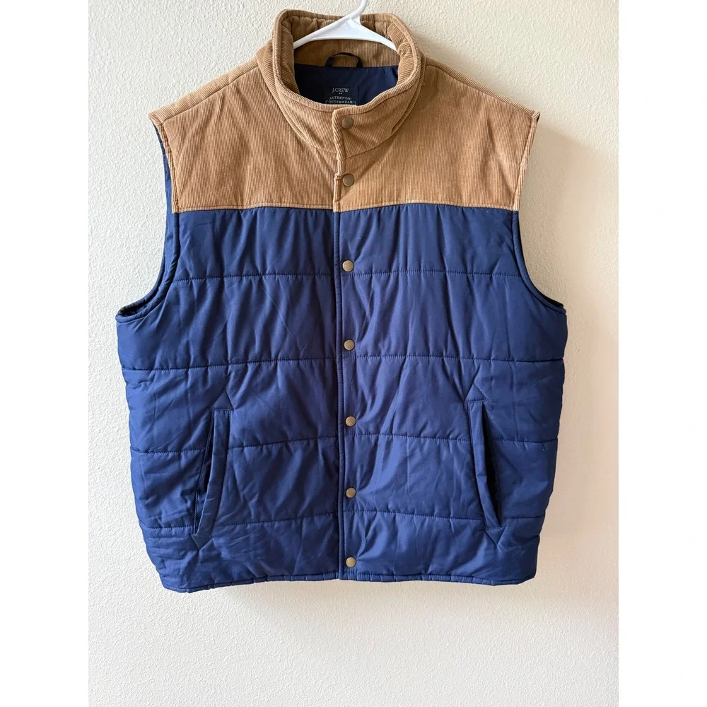J.Crew Mens Puffer Vest Navy Blue Tan Corduroy Yoke Quilted Snap Front XL GORP